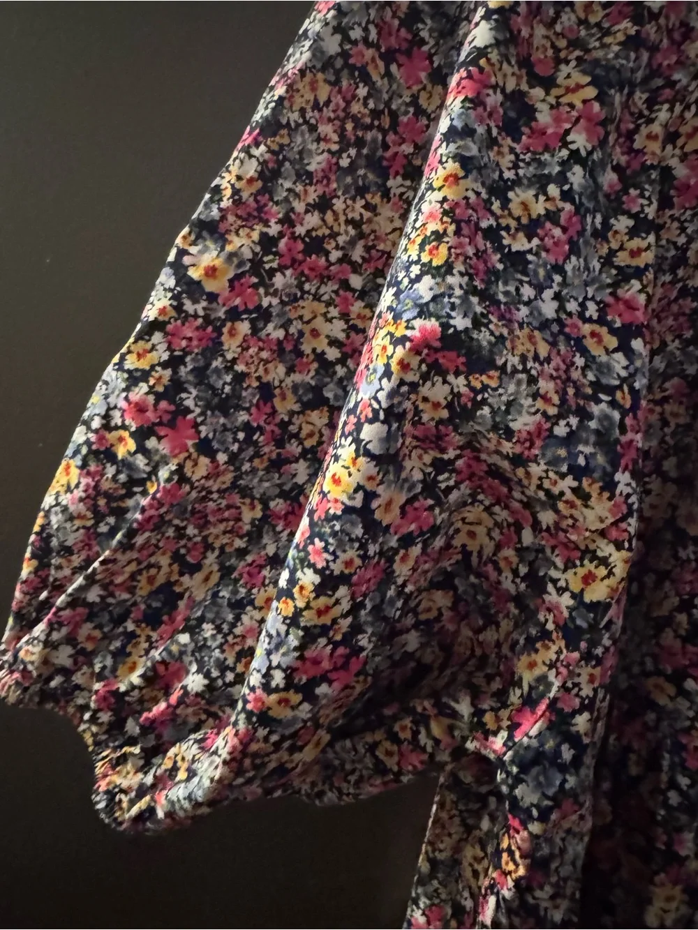 Old Navy Black Floral Puff Sleeve Blouse with Pink and Yellow Accents medium